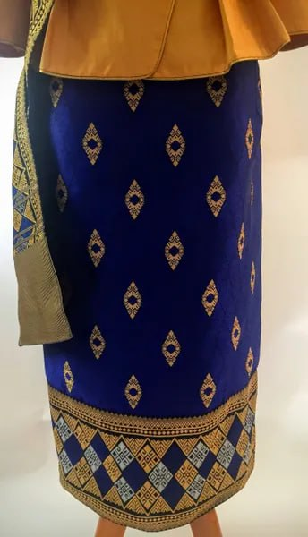 Royal Blue Diamond Sinh with Pa Bieng - 34" Waist