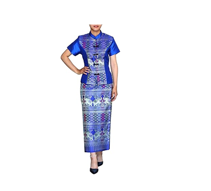 RaanPahMuang Luxury Thai Silk Dress Chinese Front Cut Stitch Outfit