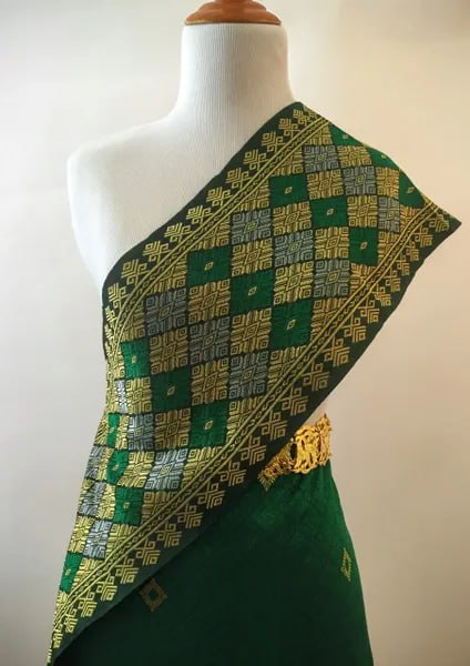 Emerald Green Women's Sinh Fabric and Pa Bieng