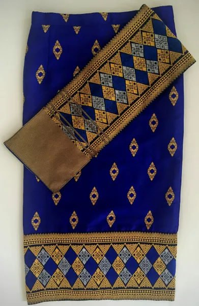 Royal Blue Diamond Sinh with Pa Bieng - 34" Waist