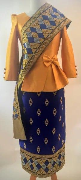 Royal Blue Diamond Sinh with Pa Bieng - 34" Waist