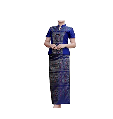 RaanPahMuang Luxury Thai Silk Dress Chinese Front Cut Stitch Outfit